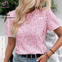 Loveda Precio al por Mayor Ropa de Mujer Color Sólido Sexy Estilo Picante Casual Camiseta de Lentejuelas de Manga Corta Holgada