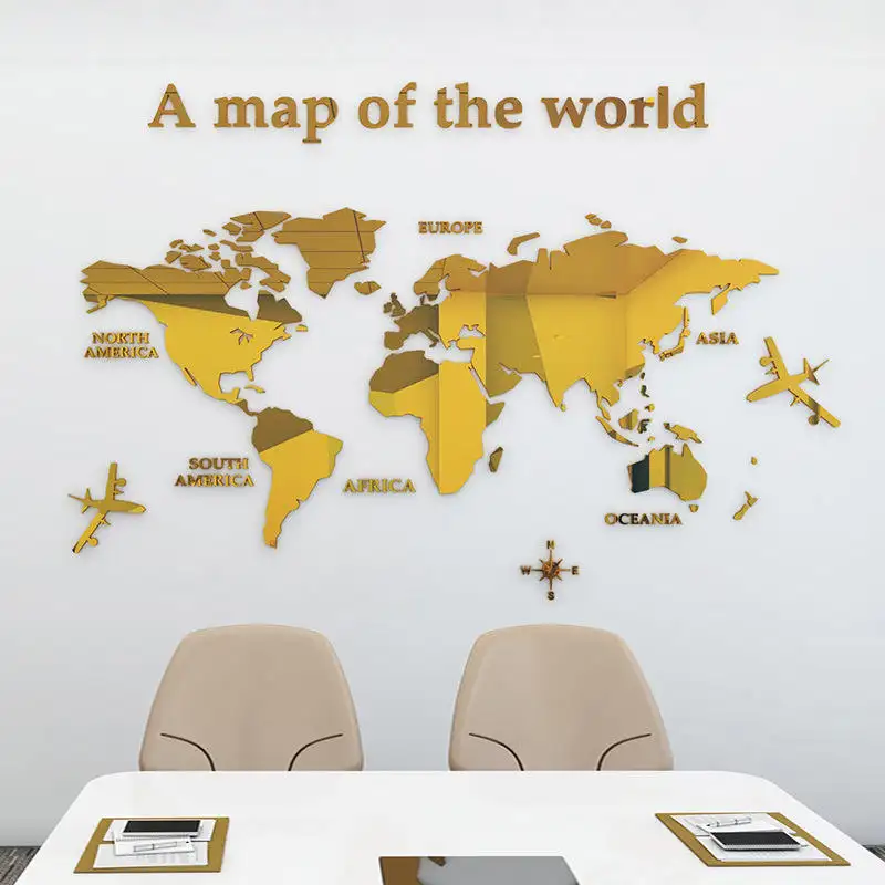 Atacado Personalizado Espelho Dourado Acrílico Mapa Do Mundo Adesivos De Parede Home Office Worldmap Decoração Para Quarto Decoração Interior