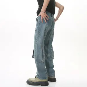 Gdtex Custom Logo OEM ODM Cargo Jeans Men Washed Patchwork Jeans Stacked Streetwear Jeans