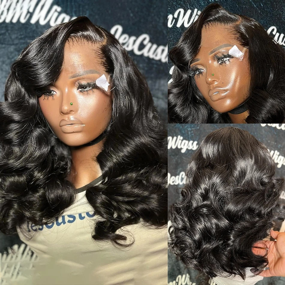A　ウィッグ 200% Density Short Bob Body Wave Lace Frontal Wig 14 16 Inch