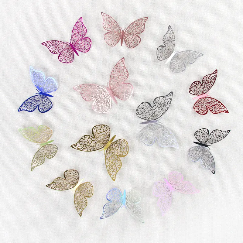 12pcs/Pack 3D Gold Silver Rose Gold Butterfly Wall Sticker Wedding Birthday Party Cake Wall Decor