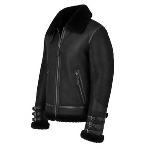 Veste de moto en cuir véritable noir pour homme, col rabattu, fermeture éclair, coupe ajustée, doublure en fausse fourrure, style hiver - Product Image 3