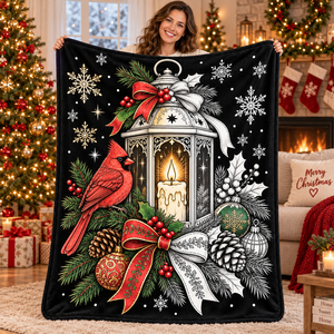 Manta de Franela Suave para Colorear con Diseño Navideño de Linterna y Cardenales, Reverso Negro de Felpa, Rectangular, Decoración para el Hogar, Cálida para el Invierno - Product Image 1