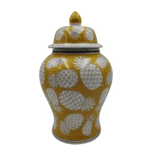 Florero de porcelana amarillo único con diseño de piña, tarros de cerámica, florero redondo para decoración del hogar
