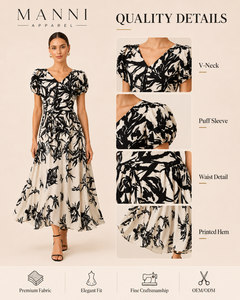 Fabricante de Vestidos Personalizados, Ropa a Medida, Vestidos Midi de Mujer <span class=keywords><strong>con</strong></span> Mangas Abullonadas, Estampado Floral <span class=keywords><strong>Beige</strong></span> y Negro, Cintura Alta - Product Image 3
