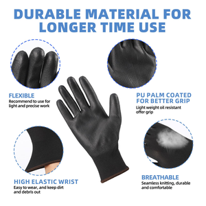Gants de travail légers pour l'industrie, vente en gros, polyester noir enduit de PU, respirants, gants de sécurité - Product Image 2