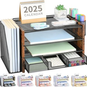 Iron And Wood <b>Storage</b> Rack 4 Tier <b>File</b> Organizer With Pen Holder Desktop Multi Layer Shelf Office Organizer - Product Image 1