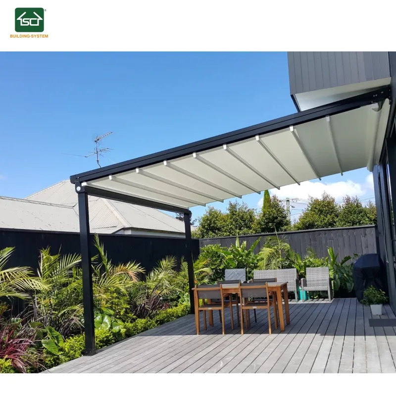 방수 금속 개폐식 그늘 시스템 캐노피 야외 PVC 직물 접는 지붕 Pergola