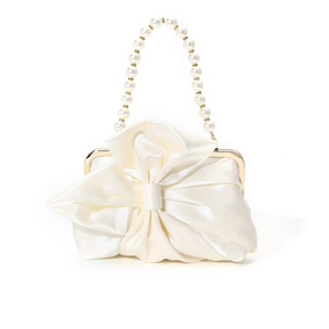 Sac à main élégant en satin français de marque célèbre avec nœud, poignée en perles et bandoulière chaîne pour femme, idéal pour les soirées et mariages - Product Image 1