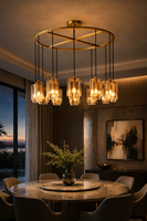 Suspension de plafond minimaliste de luxe moderne à 18 lumières, grand anneau en verre, hauteur réglable, intensité variable, structure en fer pour salon/salle à manger