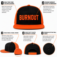Topi Baseball Snapback Premium Vintage Twill Dua Warna 6-Panel, Panel Depan Hitam, Sisi Oranye, Pinggiran BURNOUT, Bordir 3D Timbul