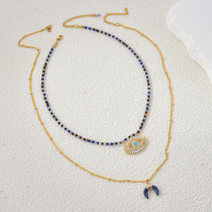 Collar de Piedras Naturales con Diseño en Capas, Estilo Bohemio y Moderno, con Colgante de Luna para Uso Diario Femenino - Product Image 1