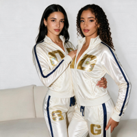 Ensemble deux pièces pour femmes, veste à capuche entièrement zippée et short, en satin 100% coton de haute qualité avec lettres dorées, pour l'automne, le fitness et le sport