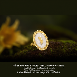 Fashion <b>Ring</b> 316L Stainless Steel PVD Gold Plating Sustainable Resistant Oval Design With Feather Detail - Product Image 3