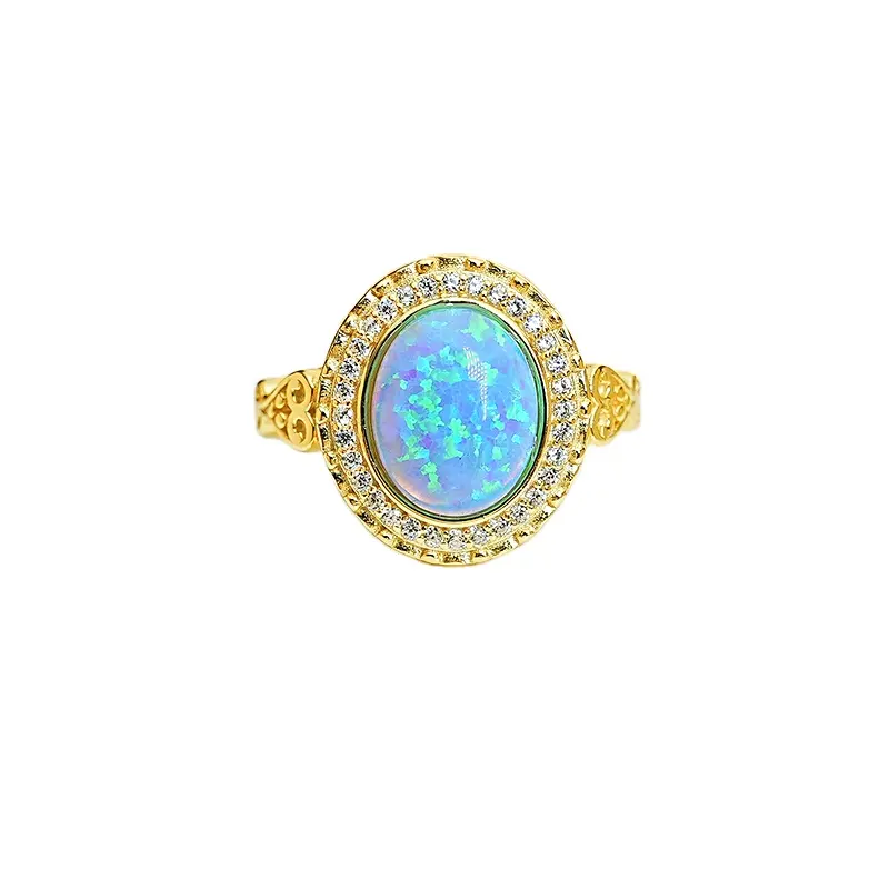 S925 cincin perak murni dengan tatahan berlapis emas 8*10mm cincin biru Opal oval untuk perhiasan wanita perhiasan butik