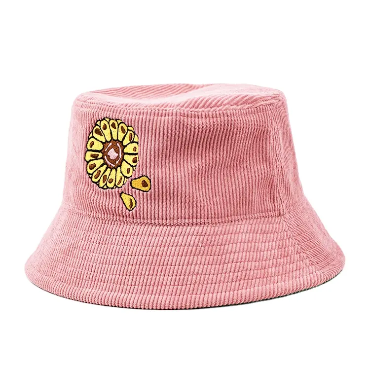 Chapeau de pêcheur en coton avec broderie de dessin animé, dernière mode quotidienne, Protection solaire en plein air, bob en velours côtelé rose