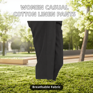 Pantalon droit noir tricoté pour femme, taille mi-haute, longueur intégrale, taille élastique, respirant, plissé, couleur unie, coupe ample, idéal pour l'été - Product Image 2