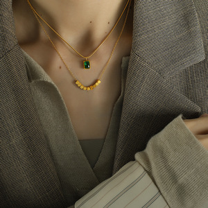 <b>Emerald</b> Zircon <b>Pendant</b> 18K Gold Plated Geometric Double Layer Clavicle Chain Gift Necklace - Product Image 2