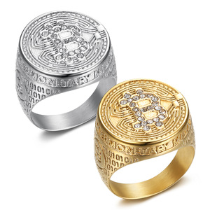 Anillos de Accesorio en Tono Dorado con Símbolo Grabado Estilo Moneda Retro y Circones Brillantes para Cumpleaños - Product Image 4