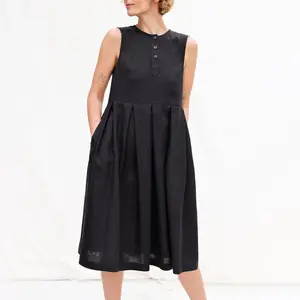 Custom black linen women dress sleeveless O-neck solid color midi women linen dress