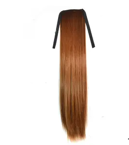 Panjang 24 "lurus sintetis kuncir rambut ekstensi bungkus tali di Clip-in ekor kuda Natural rambut tahan panas potongan