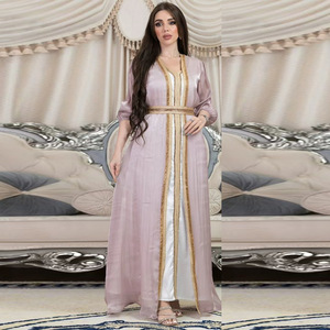 Ensembles de luxe 2 pièces pour femmes musulmanes, style <span class=keywords><strong>Moyen</strong></span>-Orient, robes Abaya de Dubaï, doux, longueur ras du sol, élégants, respirants, en polyester, col en V - Product Image 2