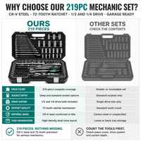 Ensemble d'outils d'entretien automobile OEM de 219 pièces, robuste, avec chariot à outils roulant, douilles CR-V, cliquet 72T et embouts de clé pour garage mécanique
