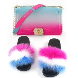 Women Shoes 2024 Purses Handbags Women Fur Slides Bags Handbag Match Real Fox Fur Slides Ladies Jelly Pvc Bag Silicone Bag