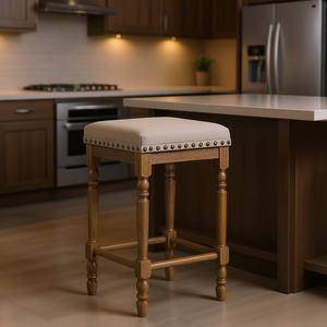 Tabouret de bar en chêne beige patiné, hauteur comptoir, avec garniture cloutée, design rustique, base en bois, pour utilisation au bar - Product Image 2