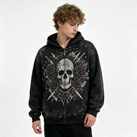 Hoodie Zip Up Heavyweight Acid Wash dengan Cetakan Tengkorak, Mawar, dan Pedang, Streetwear Distressed, Pakaian Pria, Merek Fashion, Grosir