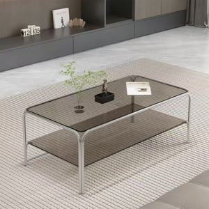 Tavolino da Caffè Moderno Minimalista Rettangolare con Struttura in Acciaio Inox e Piano in Vetro Temperato a Doppio Livello per <span class=keywords><strong>Soggiorno</strong></span> - Product Image 1