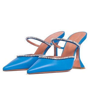 Mules bleues pour femmes, de haute qualité, à bout pointu, talons hauts de luxe avec strass, chaussures pour femmes - Product Image 1
