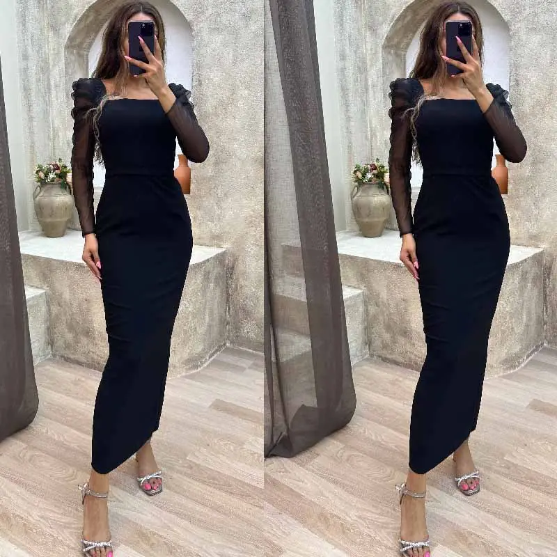 Fangxin Trendy Fashion Robe à manches longues en maille pour femmes Robes moulantes noires élégantes