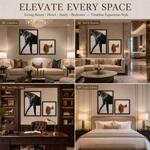 Decorazione Murale Cavallo: Quadro in Resina a Due Pezzi con Cornice Dorata, Stampa Inkjet, Stampa Fotografica di Stallone e Sella in Pelle - Duo Moderno - Product Image 3