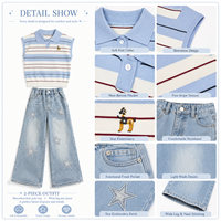 Ensemble 2 pièces tendance pour filles, haut polo rayé sans manches, pantalon large en jean à imprimé étoile, tenues décontractées à la mode européenne pour enfants