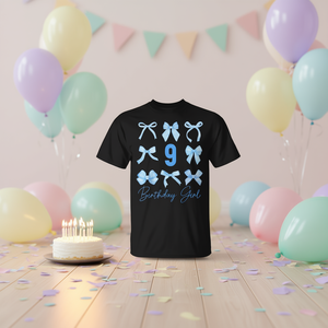 Camiseta para niña de 9 años con lazo azul y estética de cumpleaños - Product Image 3