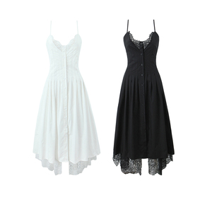 Abito Lungo in <span class=keywords><strong>Cotone</strong></span> Casual alla Moda con Spalline Sottili, Tinta Unita, Bottoni Frontali e Pizzo, Disponibile in 2 Colori per Donna - Product Image 1