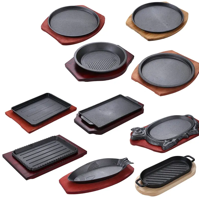 SJP090-1 Besi Cor Wajan Penggorengan Memasak Piring Steak Besi Cor Grill Pan Sizzling Hot Plate dengan Dasar Kayu