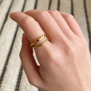 e-Manco热销时尚指环饰品礼品分层开口可调镀金纯银双层戒指