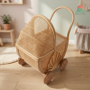 Poussette jouet en rotin naturel NHAT MINH, mini poussette pour poupée, roues en bois, pour enfants de 2 à 4 ans, unisexe - Product Image 4