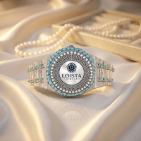 Montre-bracelet de luxe à quartz analogique en acier inoxydable, cadran foncé, entièrement sertie de pierres, bracelet à fermoir déployant pour LOISTA JEWELS