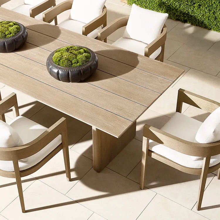 Yeni varış katı ahşap tik veranda bahçe mobilya seti restoran ahşap açık yemek masaları ve sandalyeler