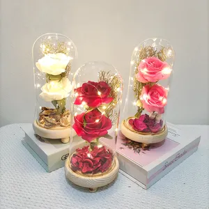 High Quality Artificial Silk Rose in Glass Dome with Led Light Two Heads Rose Flowers Gift for Valentine's Day