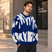 Pull col rond personnalisé bleu marine 100 % acrylique jacquard 7GG 480GSM surdimensionné avec motif graffiti tricoté – Vente en gros