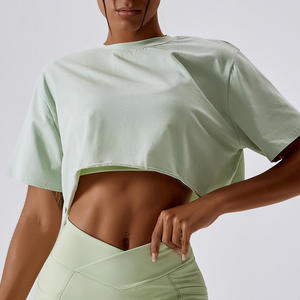 Tùy chỉnh cotton spandex thể thao phòng tập thể dục <span class=keywords><strong>Crop</strong></span> Top cho phụ nữ quá khổ trống đồng bằng lỏng thoáng khí Logo bé màu hồng cắt TEE Áo Thun - Product Image 4