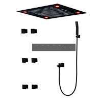 Ensemble de douche mural moderne noir laqué laiton avec système de douche pluie LED, mitigeur thermostatique en céramique pour salle de bain complète, 6 fonctions