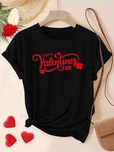 T-Shirt Nera da Donna per San Valentino con Stampa Rossa, 100% Cotone, Girocollo, Manica Corta, Vestibilità Regolare, per Primavera ed Estate - Product Image 3