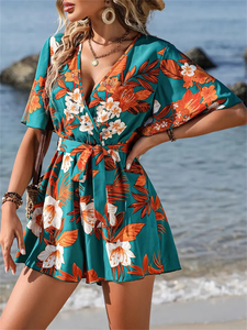 Tuta Hawaiana Romantica ed Elegante da Spiaggia a Maniche Corte con Motivi Floreali <span class=keywords><strong>e</strong></span> Leopardati con Paillettes per Donna - Product Image 4