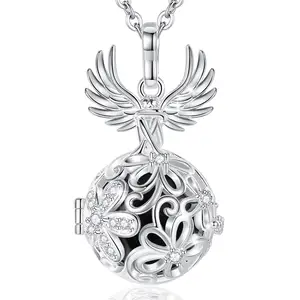 Lucky Angel Wings Silver Zircons Mexican Heart Bola Cage Necklaces for Pregnant Women