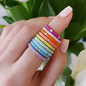 Gemnel Pastel Pelangi Tumpukan Band 3 Berlian 925 Perak Enamel Wanita Cincin